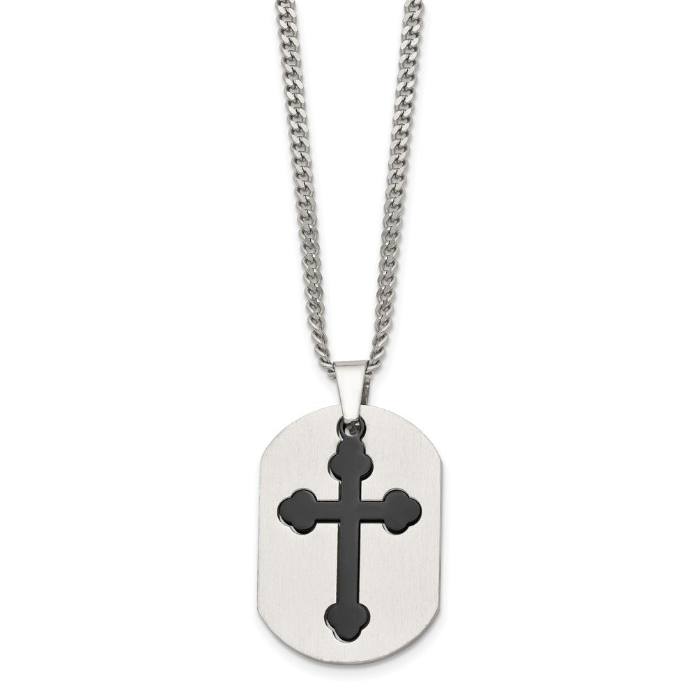 Stainless Steel Chisel Brushed And Polished Black Ip-Plated 2 Piece Cross Dog Tag On A 22 Inch Curb Chain Necklace