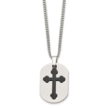 Stainless Steel Chisel Brushed And Polished Black Ip-Plated 2 Piece Cross Dog Tag On A 22 Inch Curb Chain Necklace