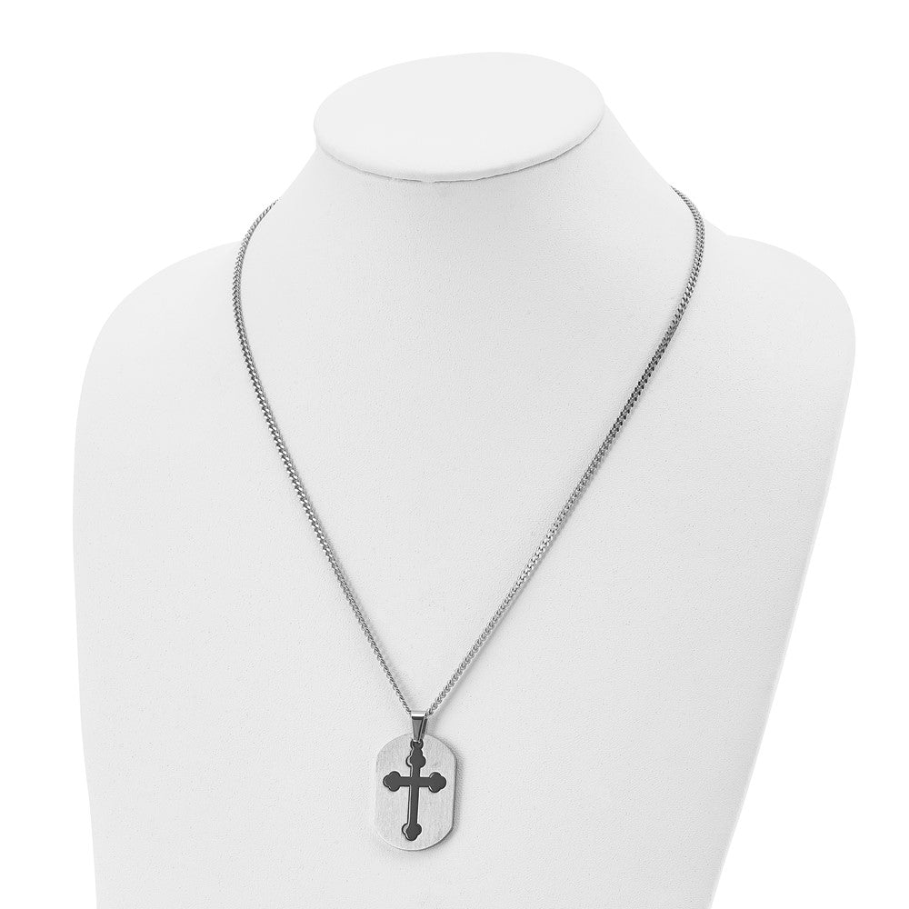 Stainless Steel Chisel Brushed And Polished Black Ip-Plated 2 Piece Cross Dog Tag On A 22 Inch Curb Chain Necklace