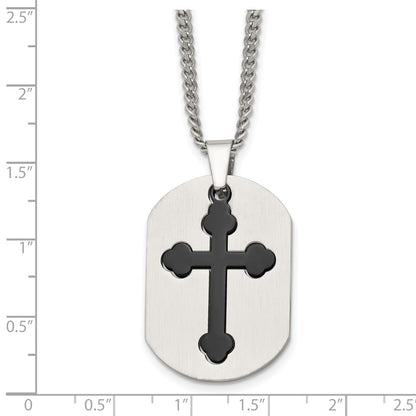 Stainless Steel Chisel Brushed And Polished Black Ip-Plated 2 Piece Cross Dog Tag On A 22 Inch Curb Chain Necklace