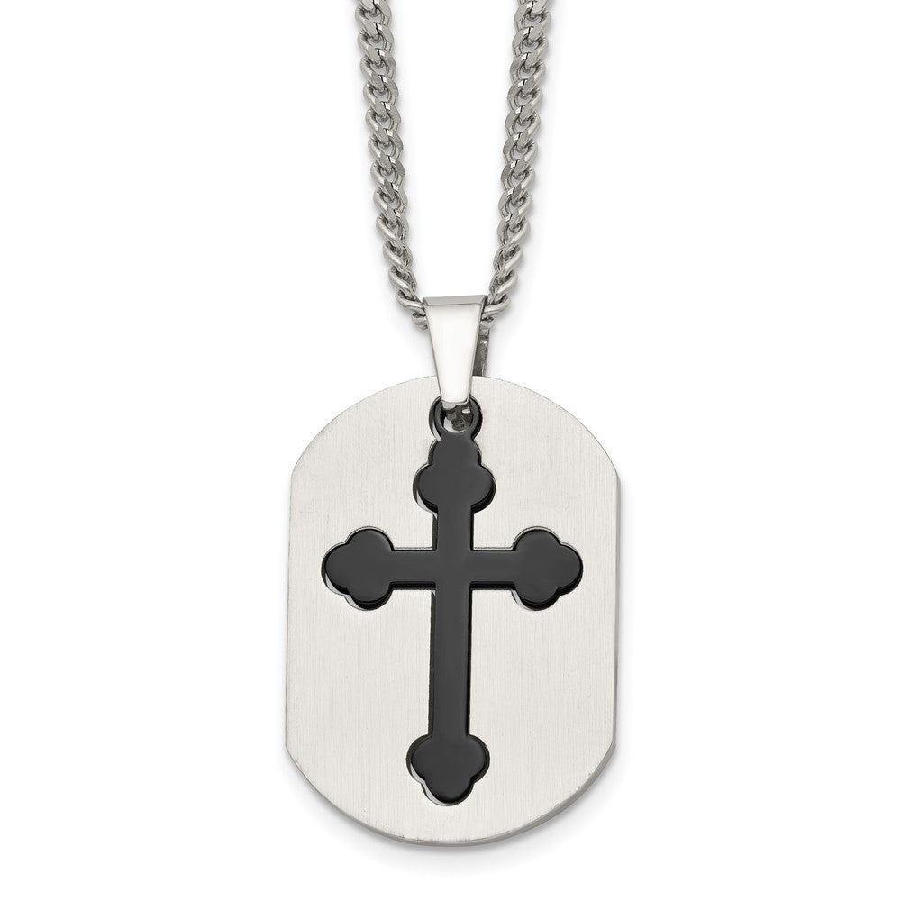 Stainless Steel Chisel Brushed And Polished Black Ip-Plated 2 Piece Cross Dog Tag On A 22 Inch Curb Chain Necklace