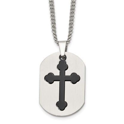 Stainless Steel Chisel Brushed And Polished Black Ip-Plated 2 Piece Cross Dog Tag On A 22 Inch Curb Chain Necklace