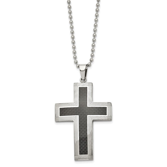 Stainless Steel Chisel Polished With Black Carbon Fiber Inlay Cross Pendant On A 22 Inch Ball Chain Necklace