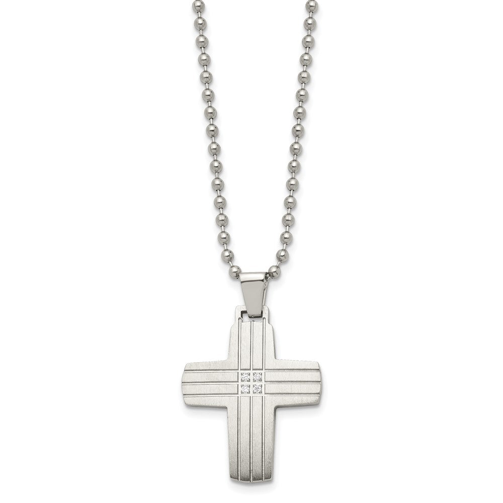 Stainless Steel Chisel Brushed And Polished With Cz Grooved Cross Pendant On A 22 Inch Ball Chain Necklace