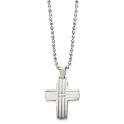 Stainless Steel Chisel Brushed And Polished With Cz Grooved Cross Pendant On A 22 Inch Ball Chain Necklace