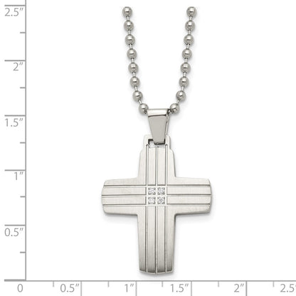 Stainless Steel Chisel Brushed And Polished With Cz Grooved Cross Pendant On A 22 Inch Ball Chain Necklace