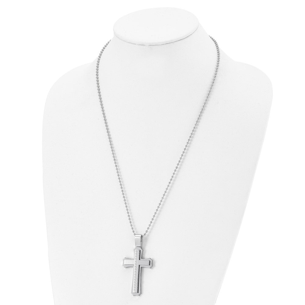 Stainless Steel Chisel Brushed And Polished Swirl Design Cross Pendant On A 24 Inch Ball Chain Necklace