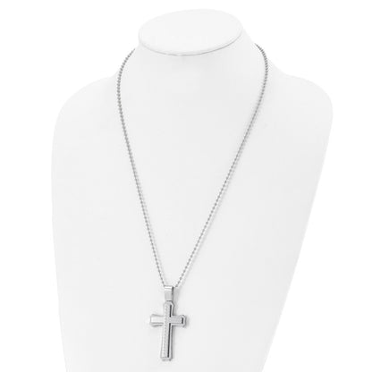 Stainless Steel Chisel Brushed And Polished Swirl Design Cross Pendant On A 24 Inch Ball Chain Necklace