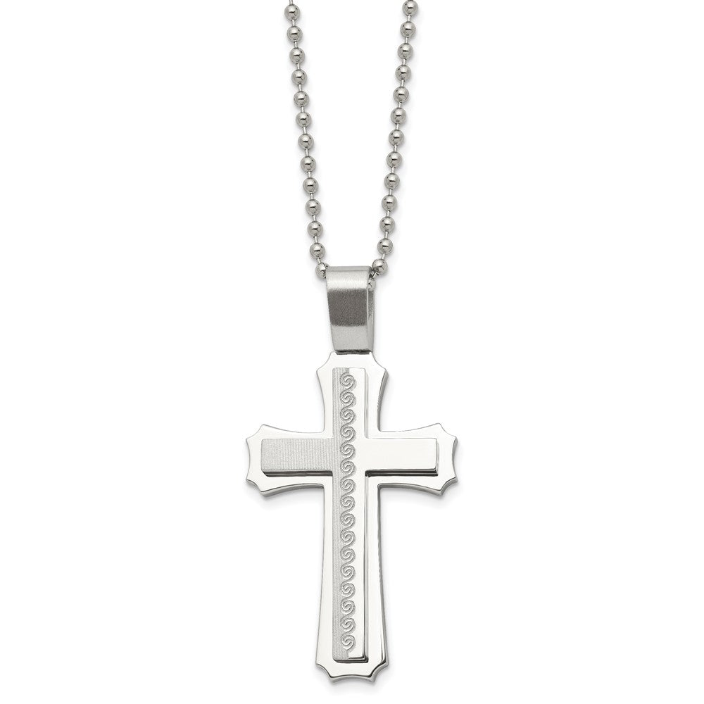 Stainless Steel Chisel Brushed And Polished Swirl Design Cross Pendant On A 24 Inch Ball Chain Necklace