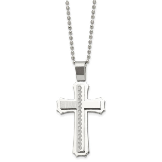 Stainless Steel Chisel Brushed And Polished Swirl Design Cross Pendant On A 24 Inch Ball Chain Necklace