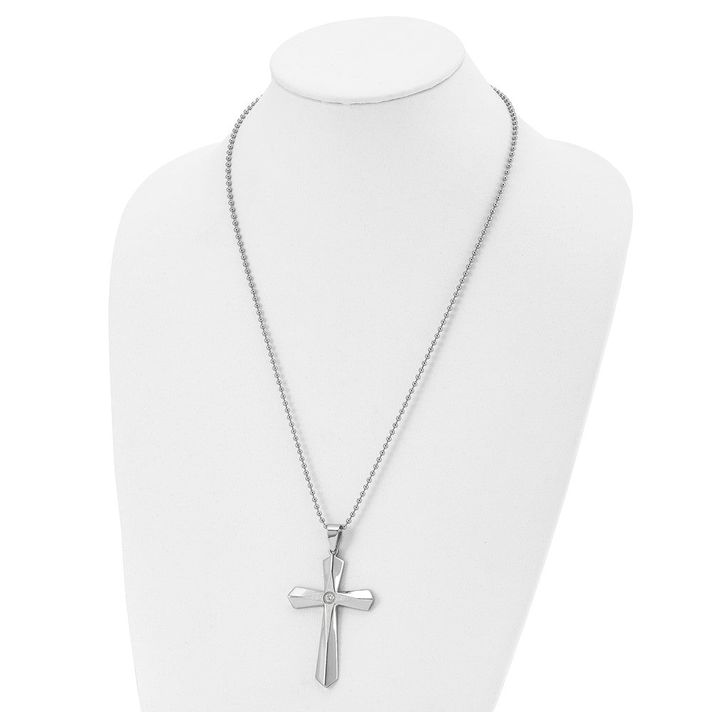 Stainless Steel Chisel Brushed And Polished With Cz Cross Pendant On A 24 Inch Ball Chain Necklace