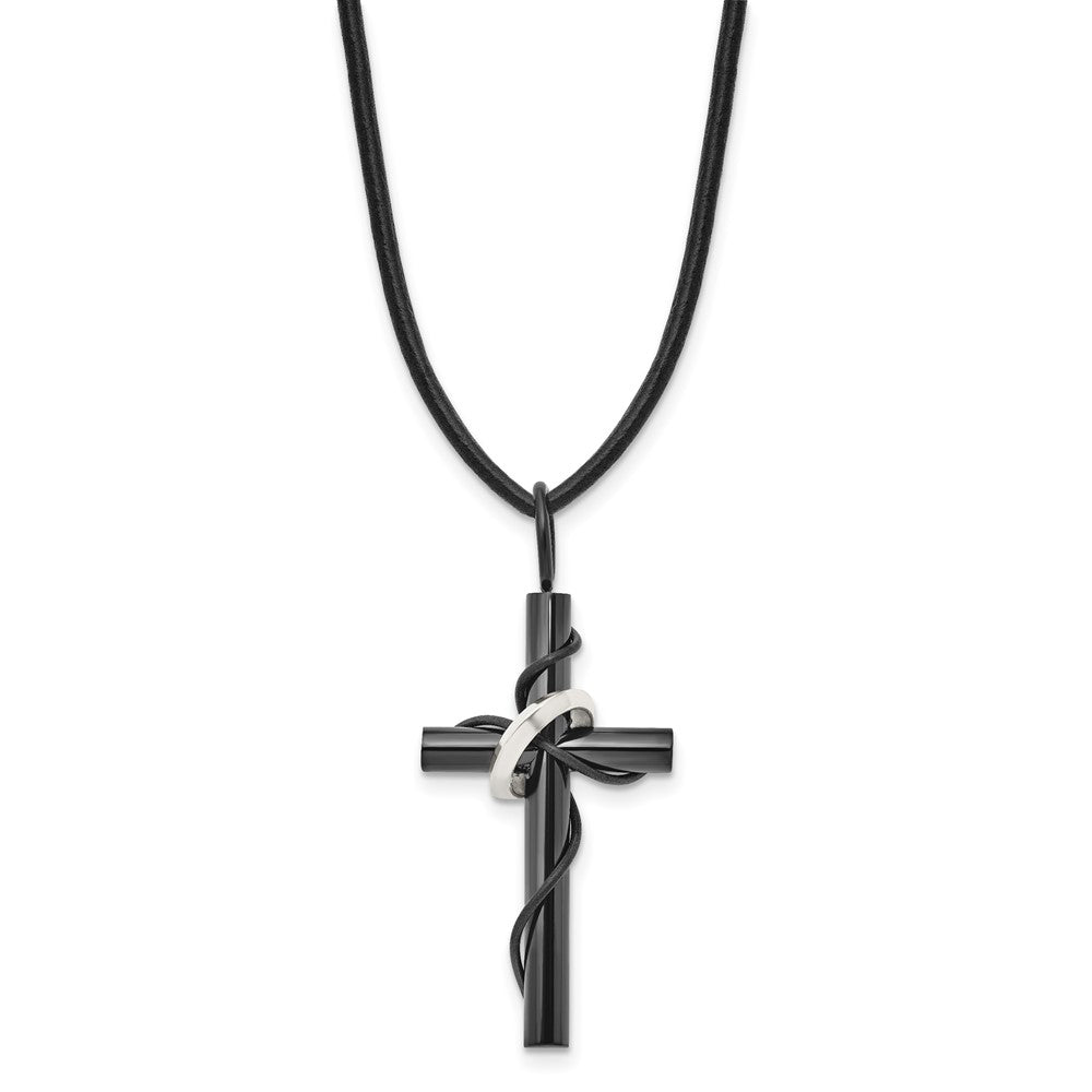 Stainless Steel Chisel Polished Black Ip-Plated Cross With Ring On A 20.5 Inch Leather Cord Necklace