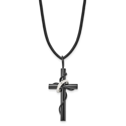 Stainless Steel Chisel Polished Black Ip-Plated Cross With Ring On A 20.5 Inch Leather Cord Necklace