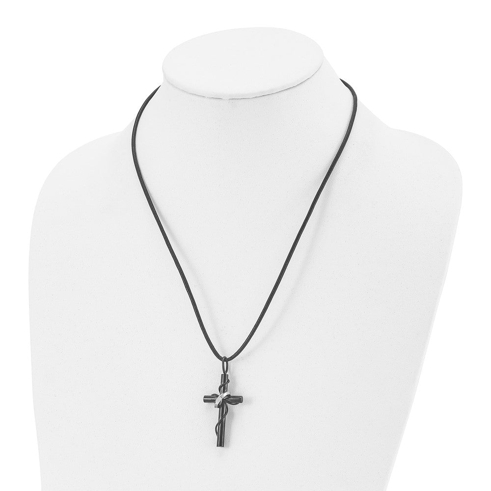 Stainless Steel Chisel Polished Black Ip-Plated Cross With Ring On A 20.5 Inch Leather Cord Necklace