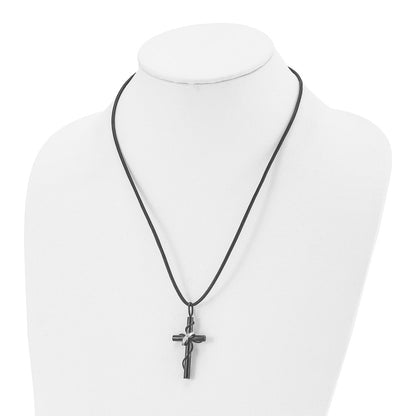 Stainless Steel Chisel Polished Black Ip-Plated Cross With Ring On A 20.5 Inch Leather Cord Necklace