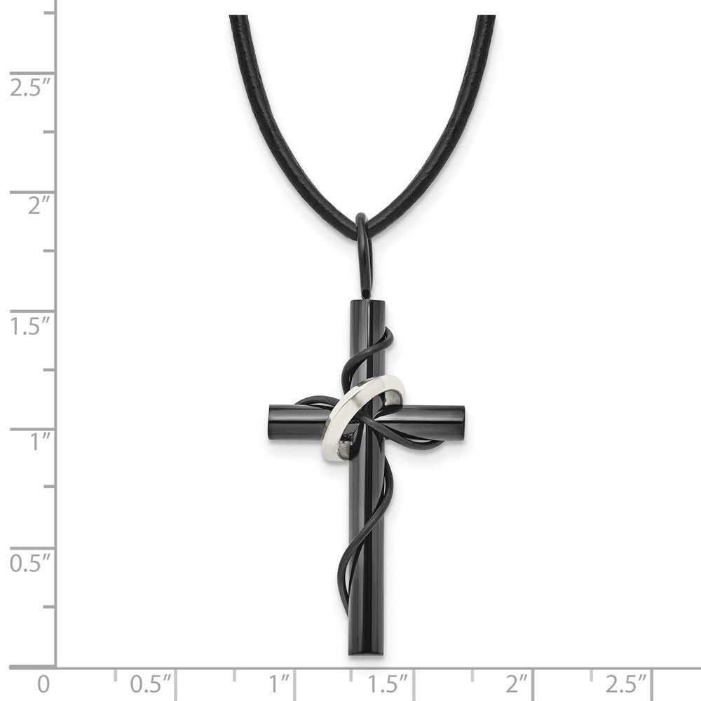 Stainless Steel Chisel Polished Black Ip-Plated Cross With Ring On A 20.5 Inch Leather Cord Necklace