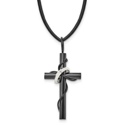 Stainless Steel Chisel Polished Black Ip-Plated Cross With Ring On A 20.5 Inch Leather Cord Necklace