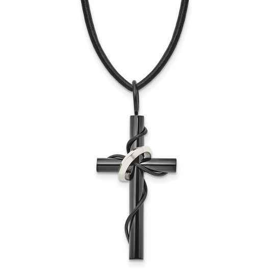 Stainless Steel Chisel Polished Black Ip-Plated Cross With Ring On A 20.5 Inch Leather Cord Necklace
