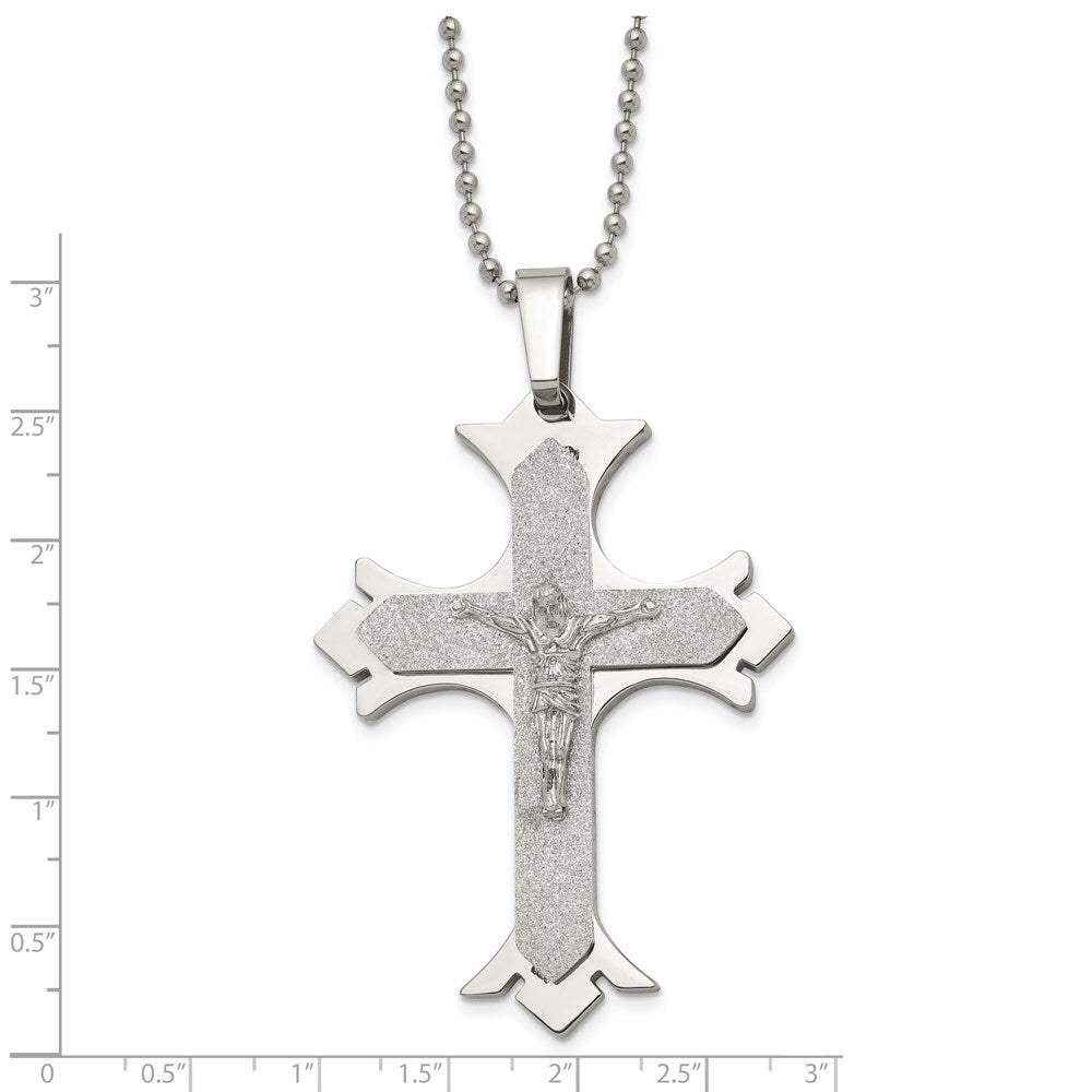 Stainless Steel Chisel Polished Laser Cut Crucifix Pendant On A 22 Inch Ball Chain Necklace