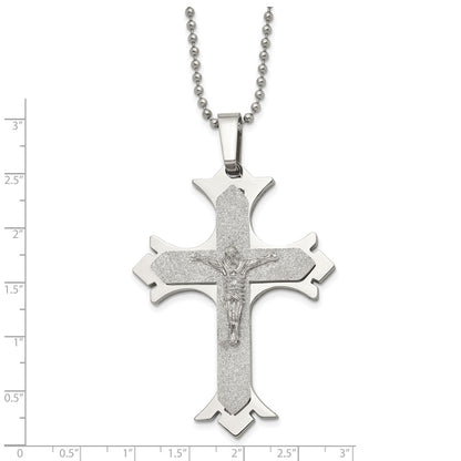 Stainless Steel Chisel Polished Laser Cut Crucifix Pendant On A 22 Inch Ball Chain Necklace