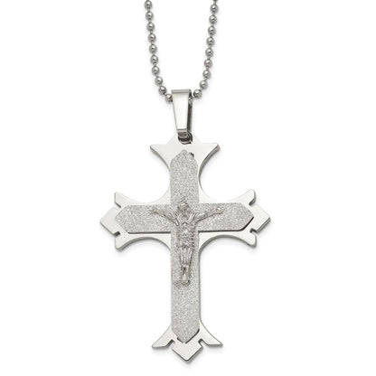 Stainless Steel Chisel Polished Laser Cut Crucifix Pendant On A 22 Inch Ball Chain Necklace