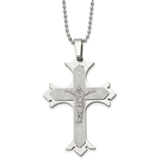 Stainless Steel Chisel Polished Laser Cut Crucifix Pendant On A 22 Inch Ball Chain Necklace