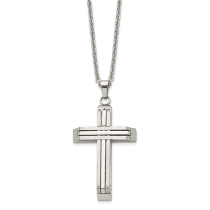 Stainless Steel Chisel Brushed And Polished Cross On A 22 Inch Cable Chain Necklace