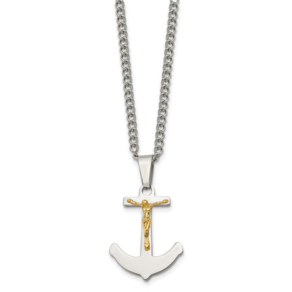 Stainless Steel Chisel Polished With 14K Gold Crucifix Anchor Pendant On A 24 Inch Curb Chain Necklace