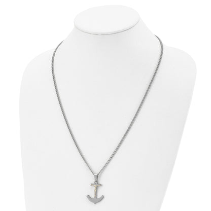 Stainless Steel Chisel Polished With 14K Gold Crucifix Anchor Pendant On A 24 Inch Curb Chain Necklace