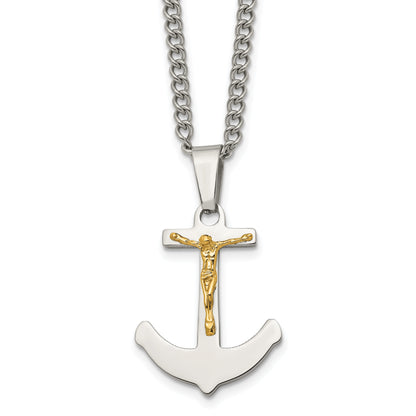 Stainless Steel Chisel Polished With 14K Gold Crucifix Anchor Pendant On A 24 Inch Curb Chain Necklace