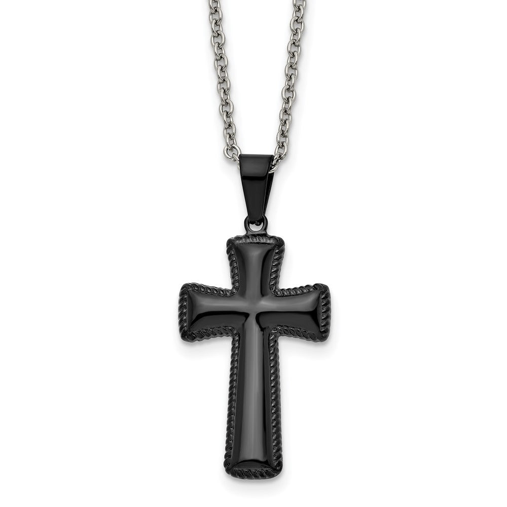 Stainless Steel Chisel Polished Black Ip-Plated Medium Pillow Cross Pendant On An 18 Inch Cable Chain Necklace