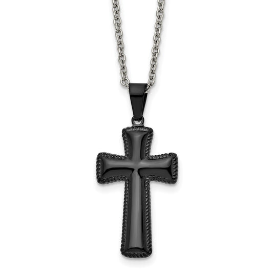 Stainless Steel Chisel Polished Black Ip-Plated Medium Pillow Cross Pendant On An 18 Inch Cable Chain Necklace
