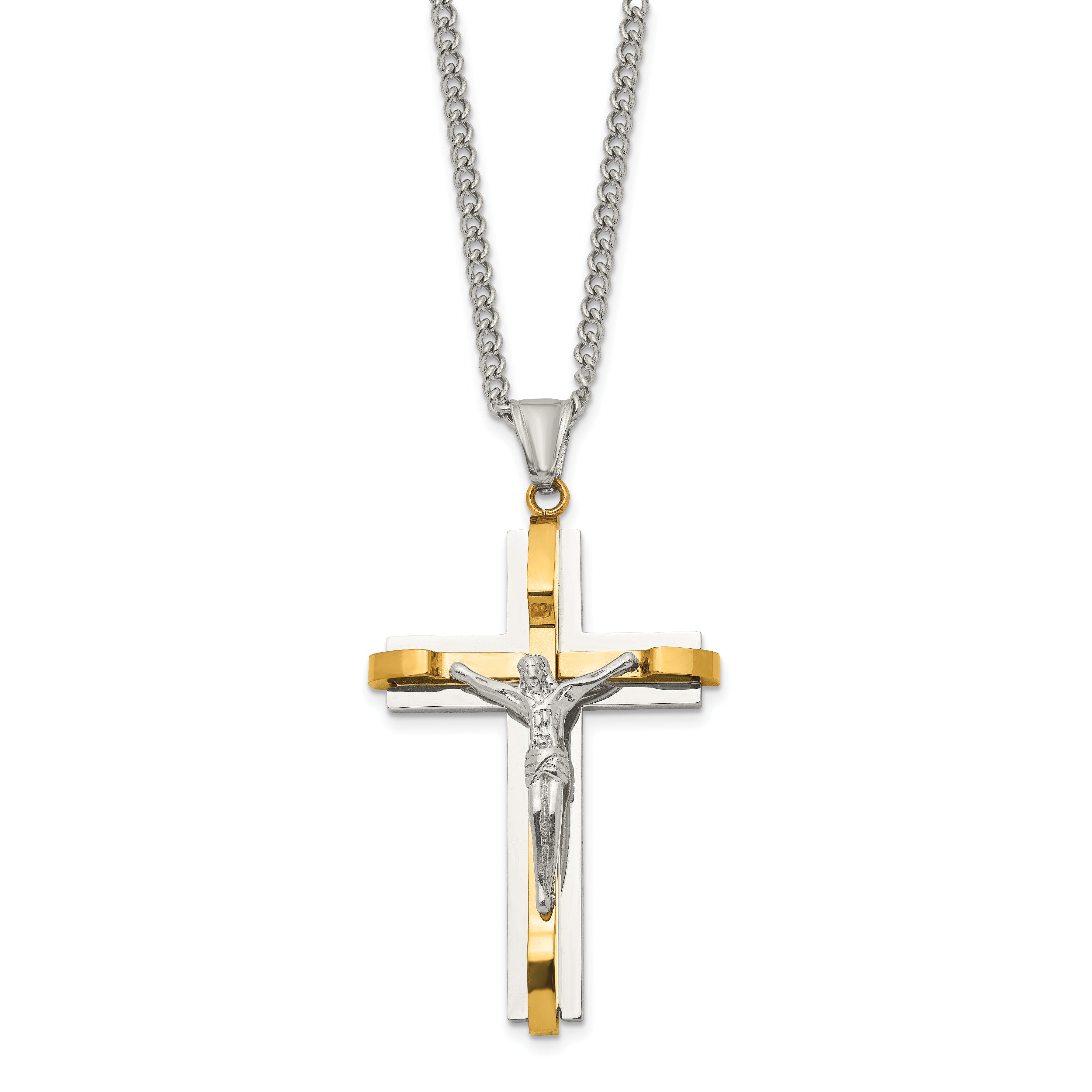 Stainless Steel Chisel Polished Yellow Ip-Plated Crucifix Pendant On A 24 Inch Curb Chain Necklace