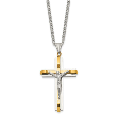 Stainless Steel Chisel Polished Yellow Ip-Plated Crucifix Pendant On A 24 Inch Curb Chain Necklace