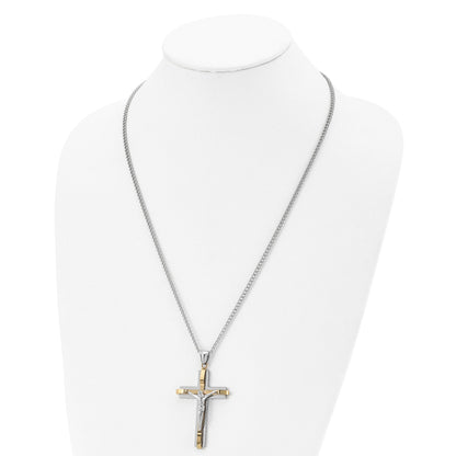 Stainless Steel Chisel Polished Yellow Ip-Plated Crucifix Pendant On A 24 Inch Curb Chain Necklace