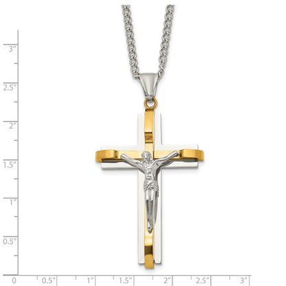 Stainless Steel Chisel Polished Yellow Ip-Plated Crucifix Pendant On A 24 Inch Curb Chain Necklace