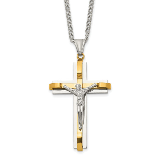 Stainless Steel Chisel Polished Yellow Ip-Plated Crucifix Pendant On A 24 Inch Curb Chain Necklace