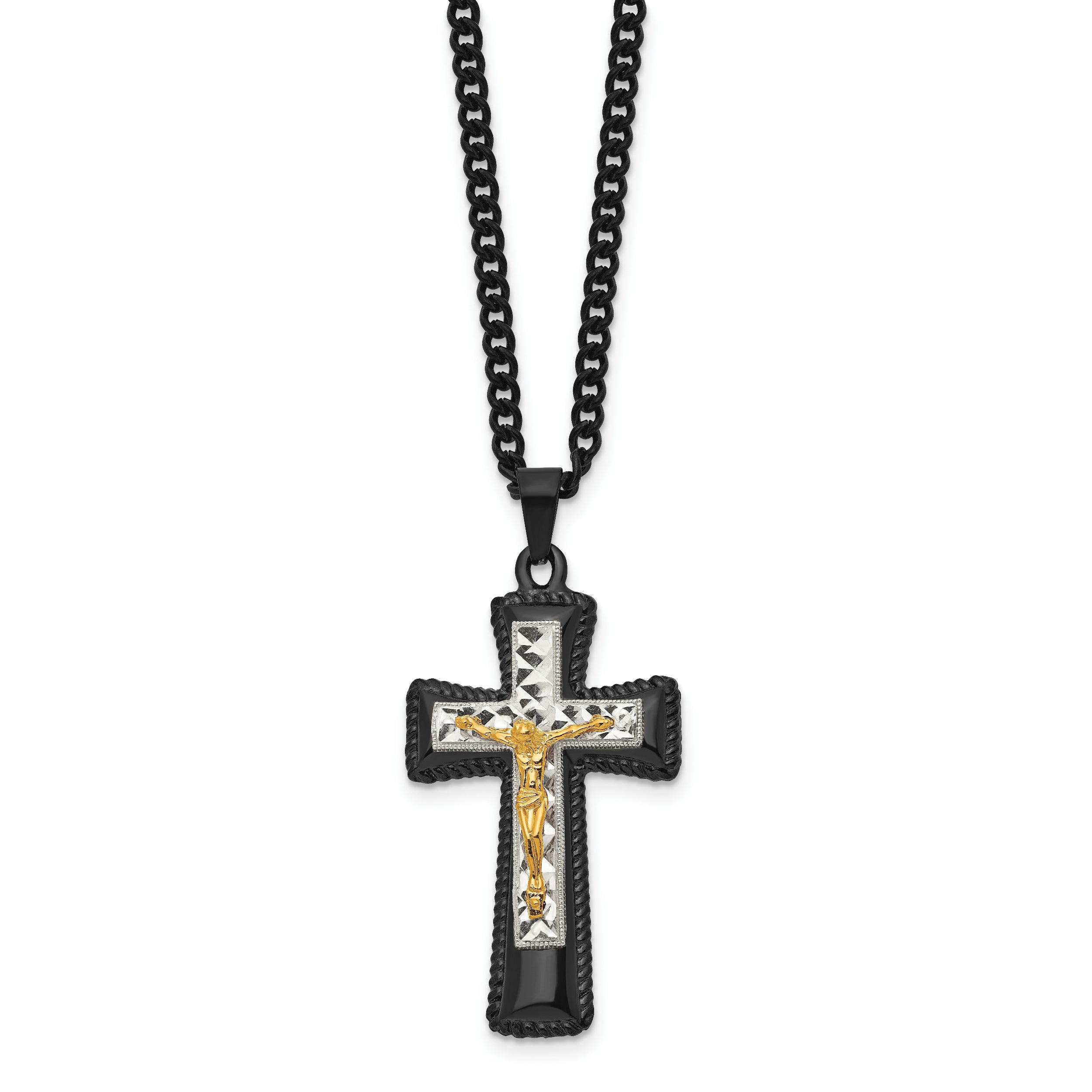 Stainless Steel Chisel Polished Black Ip-Plated, Gold-Plated And Silver-Plated Brass Crucifix On A 24 Inch Curb Chain Necklace