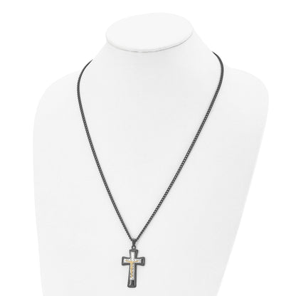 Stainless Steel Chisel Polished Black Ip-Plated, Gold-Plated And Silver-Plated Brass Crucifix On A 24 Inch Curb Chain Necklace