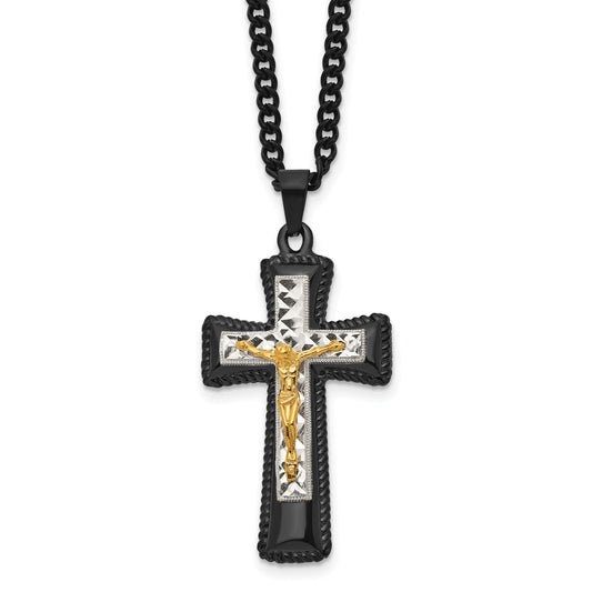 Stainless Steel Chisel Polished Black Ip-Plated, Gold-Plated And Silver-Plated Brass Crucifix On A 24 Inch Curb Chain Necklace