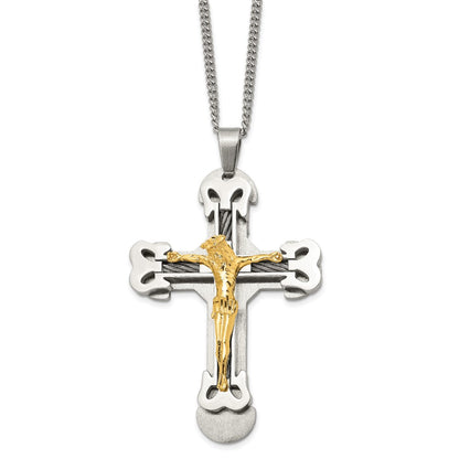 Stainless Steel Chisel Brushed And Polished Yellow Ip-Plated With Cable Crucifix Pendant On A 24 Inch Curb Chain Necklace