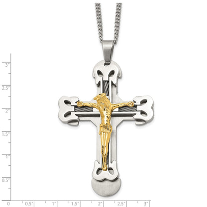 Stainless Steel Chisel Brushed And Polished Yellow Ip-Plated With Cable Crucifix Pendant On A 24 Inch Curb Chain Necklace