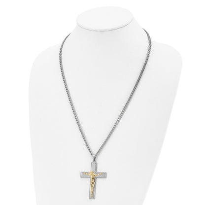 Stainless Steel Chisel Polished Yellow Ip-Plated Crucifix Pendant On A 24 Inch Curb Chain Necklace