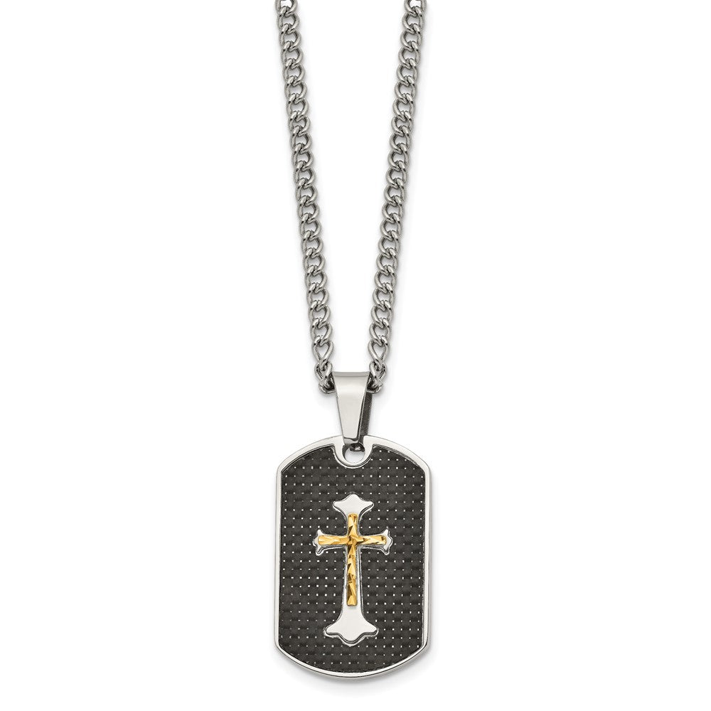 Stainless Steel Chisel Polished With Sterling Silver And Carbon Fiber Inlay Yellow Ip-Plated Cross On A 24 Inch Curb Chain Necklace