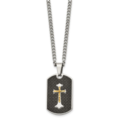 Stainless Steel Chisel Polished With Sterling Silver And Carbon Fiber Inlay Yellow Ip-Plated Cross On A 24 Inch Curb Chain Necklace