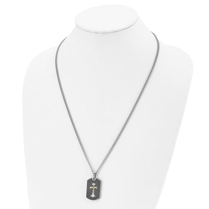 Stainless Steel Chisel Polished With Sterling Silver And Carbon Fiber Inlay Yellow Ip-Plated Cross On A 24 Inch Curb Chain Necklace