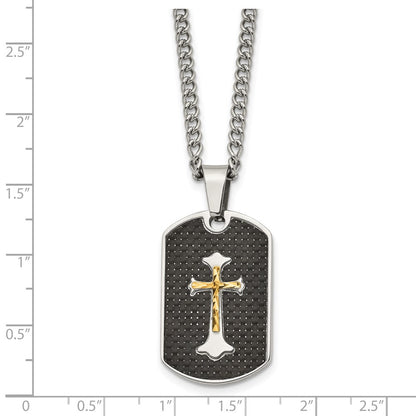 Stainless Steel Chisel Polished With Sterling Silver And Carbon Fiber Inlay Yellow Ip-Plated Cross On A 24 Inch Curb Chain Necklace
