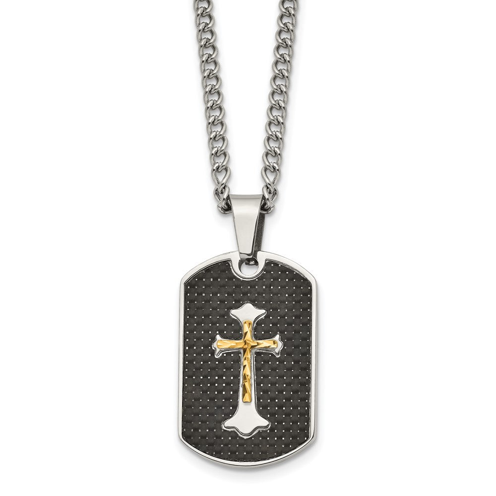 Stainless Steel Chisel Polished With Sterling Silver And Carbon Fiber Inlay Yellow Ip-Plated Cross On A 24 Inch Curb Chain Necklace