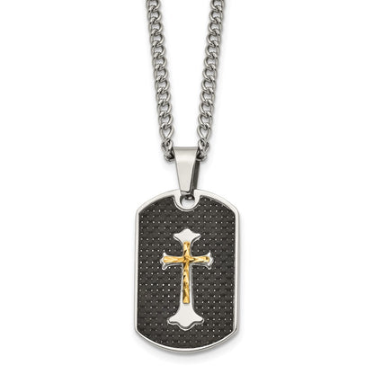 Stainless Steel Chisel Polished With Sterling Silver And Carbon Fiber Inlay Yellow Ip-Plated Cross On A 24 Inch Curb Chain Necklace