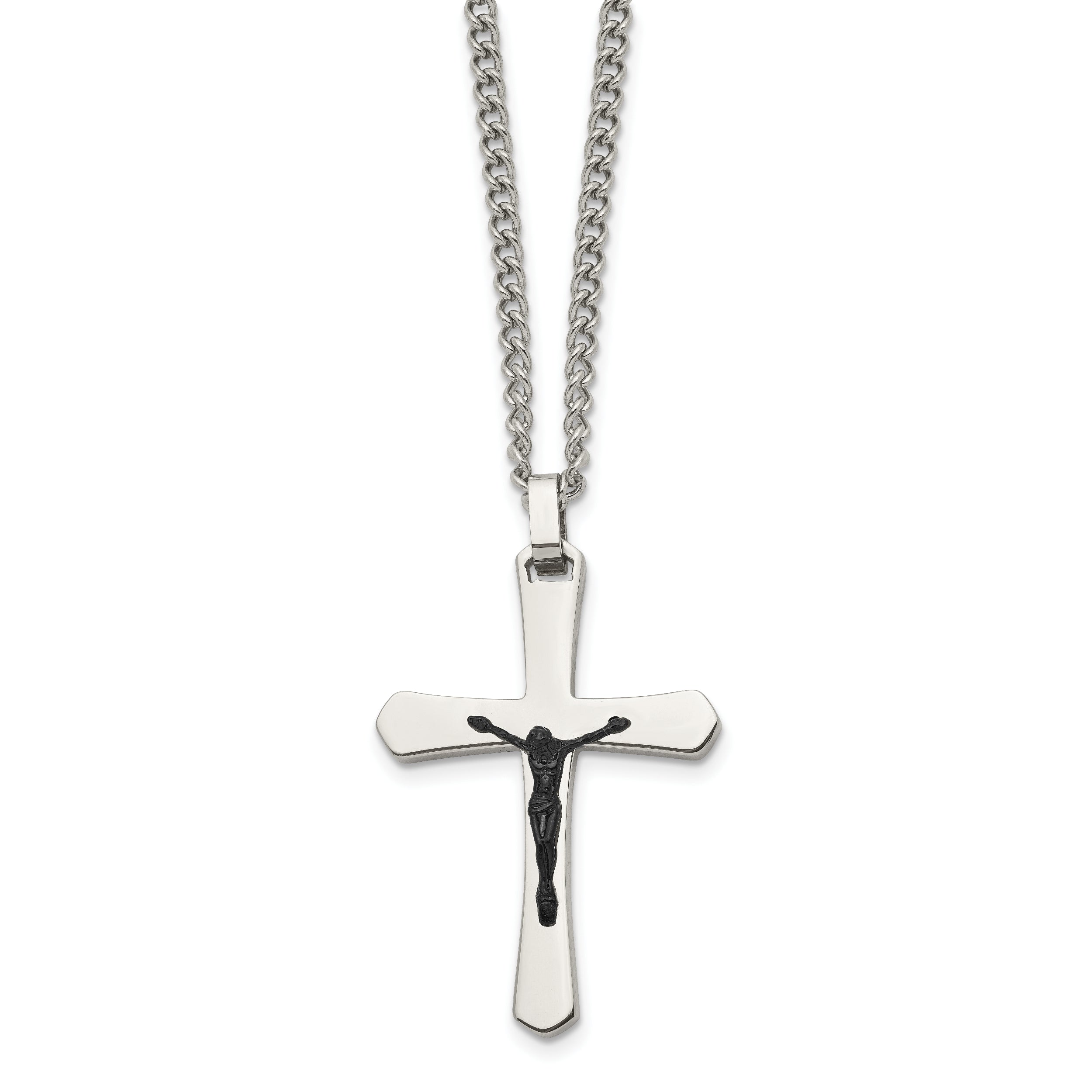 Stainless Steel Chisel Polished Black Ip-Plated Crucifix Pendant On A 24 Inch Curb Chain Necklace